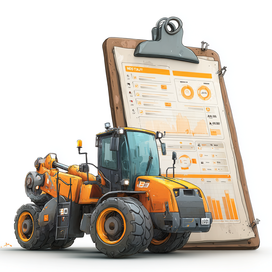 visual: engineering analysis on a clipboard beside a tractor